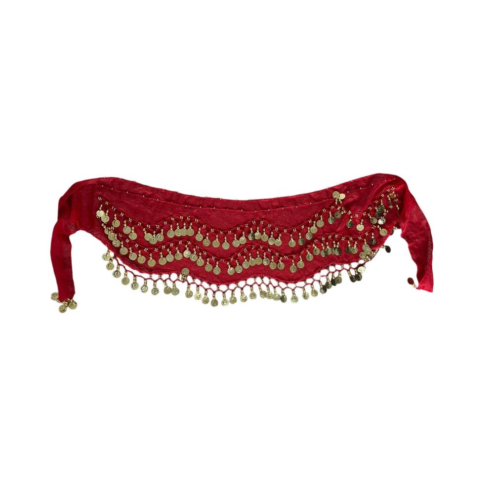 Red Chiffon Belly Dance Hip Scarf with Gold Coins and Bead Accents - 10 Count